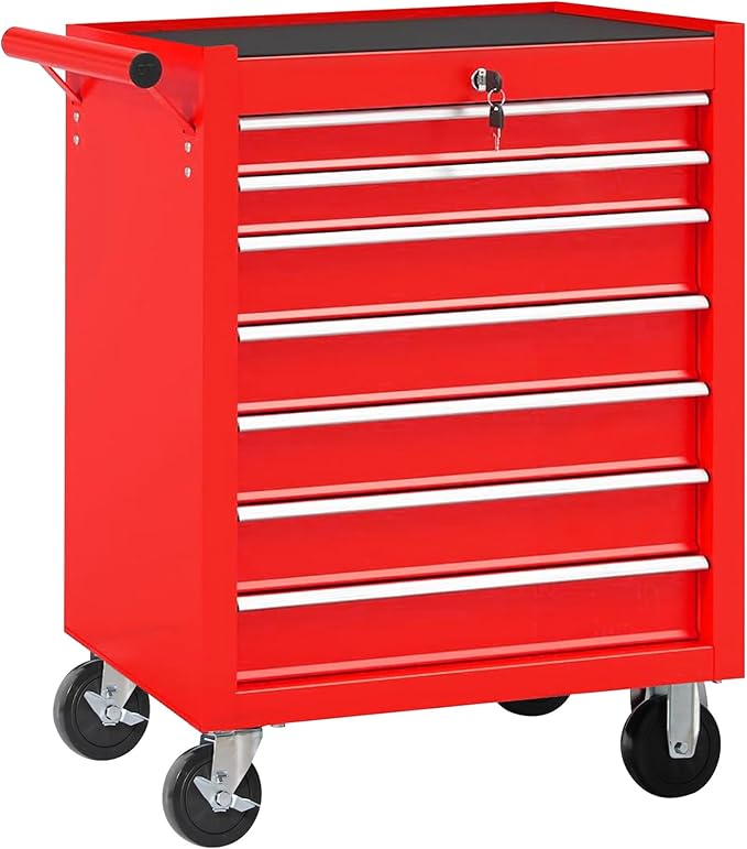 Tool Chest 7 Drawers Garage Storage Cabinet Steel Frame Tool Chest with Wheels, Top Storage Rack, Rubber Mat, Side Handle for Garage Workshop, Red