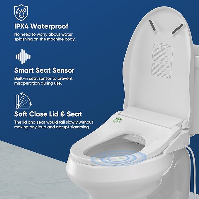 Electric Bidet Toilet Seat with Instant Warm Bidet Wash & Warm Air Dryer, Self-Cleaning Stainless Steel Nozzle, Soft Close Lid, Elongated