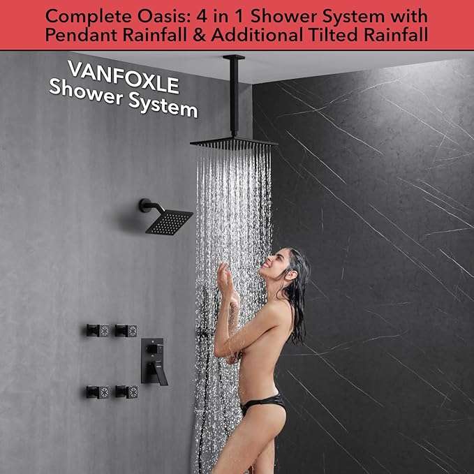 VANFOXLE Shower Faucet Set Matte Black Shower System,Four Modes Shower Faucet with 2 in 1 Handheld,Ceiling Mount 10 Inch Shower Head with 6 Inch Shower Head, 4 PCS Dual Modes Body Jets