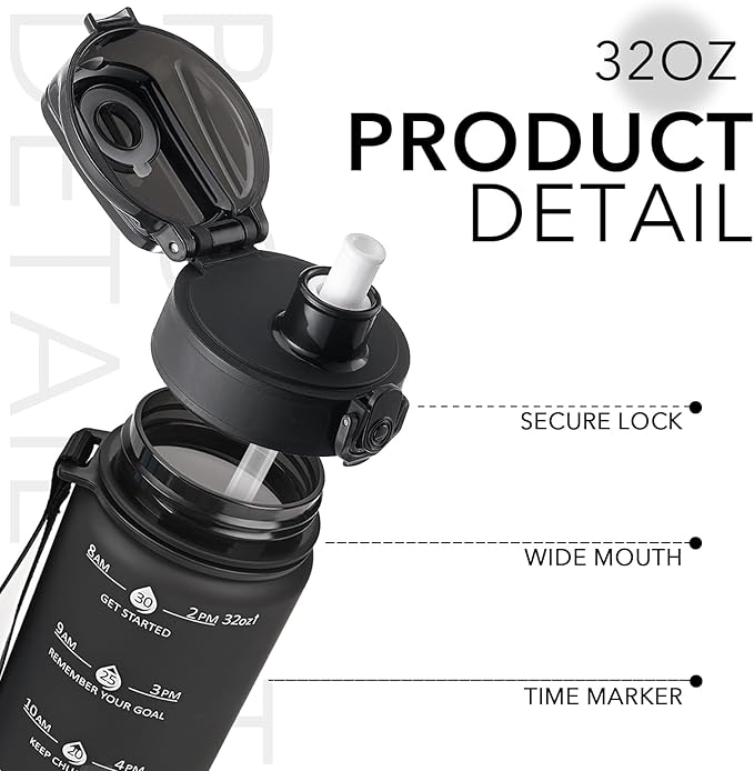 GOSWAG Water Bottles, 32 oz Motivational Sports Water Bottle with Straw and Time Marker to Remind You to Drink, Comes with Carry Strap, Leakproof