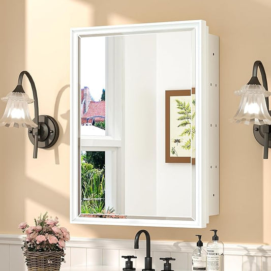 TokeShimi 17 x 25 Recessed Medicine Cabinet with Mirror Surface Mounted, Aluminum White Medicine Cabinet with Mirror, Metal Beveled Bathroom Mirror with Storage