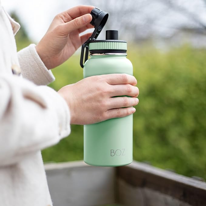 BOZ Stainless Steel Water Bottle - Vaccum Insulated Water Bottle 32 Oz - Wide Mouth BPA Free Sport Water Bottle for Gym with Spout Lid - Thermal Hot & Cold 1 Litre Green Water Bottle