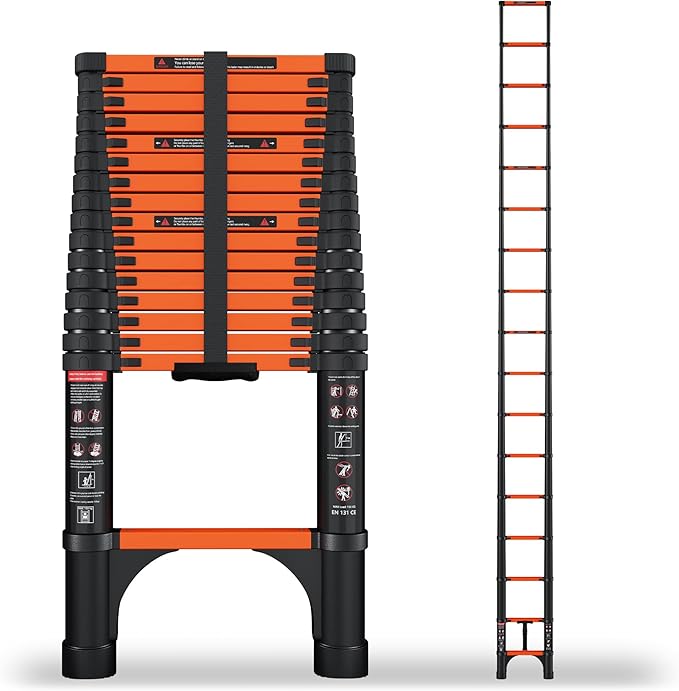 16.5 FT Telescoping Ladder with 11.8" Step Spacing, ANSI Certified, Type I Heavy Duty, 330lbs Max Capacity, Aluminum Extension Ladder for Home, Roof, RV; Orange