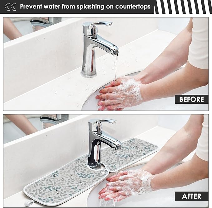 Gray and Blue Leaves Branches Faucet Water Catcher Mat 2 Pack Botanical Herbs Flowers Drying Mat Absorbent Bathroom Faucet Handle Drip Catcher Tray Bar RV Kitchen Sink Splash Guard 23x5 Inches