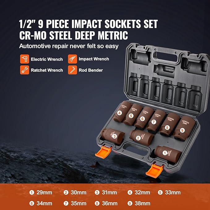 VEVOR 1/2" Drive Impact Socket Set, 9 Piece Deep Socket Set Metric 29-38mm, 6 Point Cr-Mo Spindle Axle Nut Impact Socket Set for Auto Repair,Easy-to- Read Size Markings, Includes Storage Case