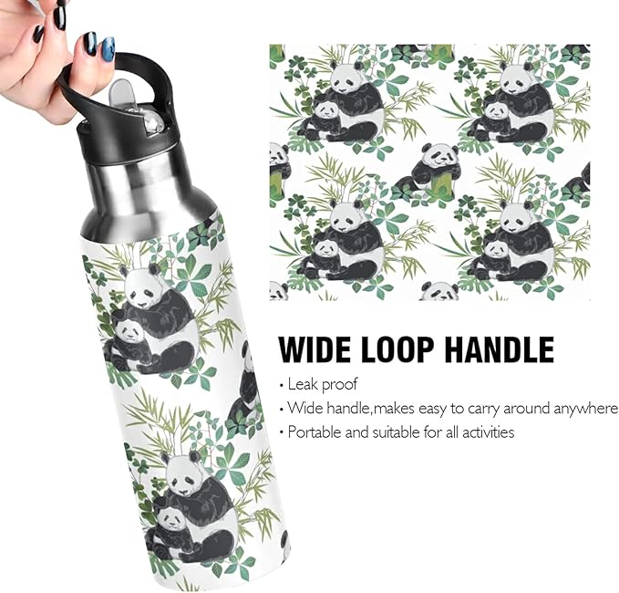 xigua 22 OZ Panda Bears Water Bottle with Straw, Sports Water Bottle BPA Free Stainless Steel Water Jugs for Gym, Kitchen, Working, Outdoor