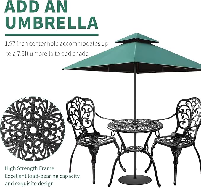3 Piece Patio Bistro Set Cast Aluminum Bistro Table and Chairs Set of 2 with Umbrella Hole,All Weather Metal Bistro Table Set,Outdoor Patio Furniture Set for Garden(Butterfly Black)