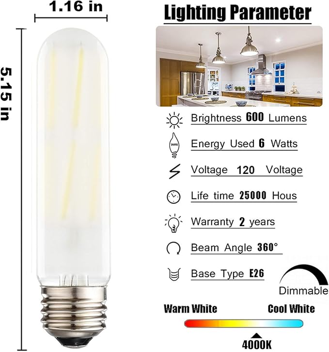 Dimmable T10 Frosted LED Bulbs,6W LED Tubular Edison Bulbs 60 Watt Equivalent,600LM,Daylight 4000K,E26 Medium Base Lamp Bulb for Desk Lamp, Pendant Lights,Cabinet Display Cabinet etc. (3-Pack)