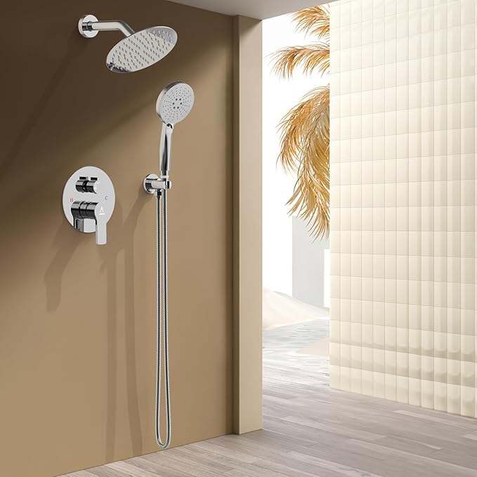 Shower Faucet Set 8IN Brass Rough-In Valve Body Trim Kit Rainfall Included Handle Accessories Complete 2 Functions with Rain Head and Handheld Bathroom Systems (8‘’, Chrome Polished)