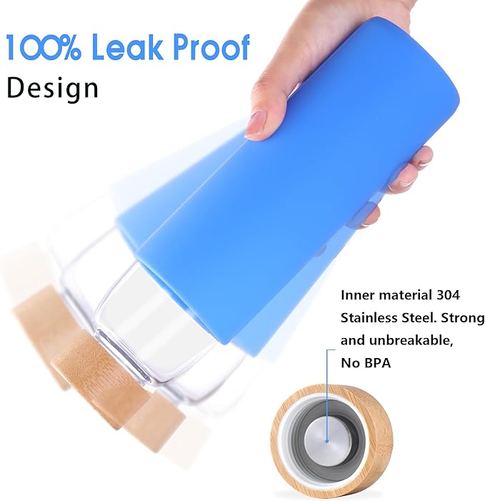 Laster Glass Water Bottle 20 Oz, 600 ml, made of Borosilicate Glass, 1 Bamboo & 1 Stainless Steel Lid, BPA Free, Non-Slip Silicone Sleeve (Ocean Blue)