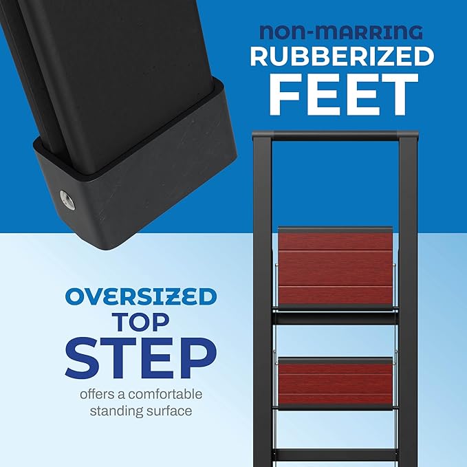 Step Ladder 3 Step Folding, Decorative - Beautiful Mahogany & Black Aluminum, Ultra Slim Profile, Anti Slip Steps, Sturdy-Portable for Home, Office, Kitchen, Photography Use,by SORFEY