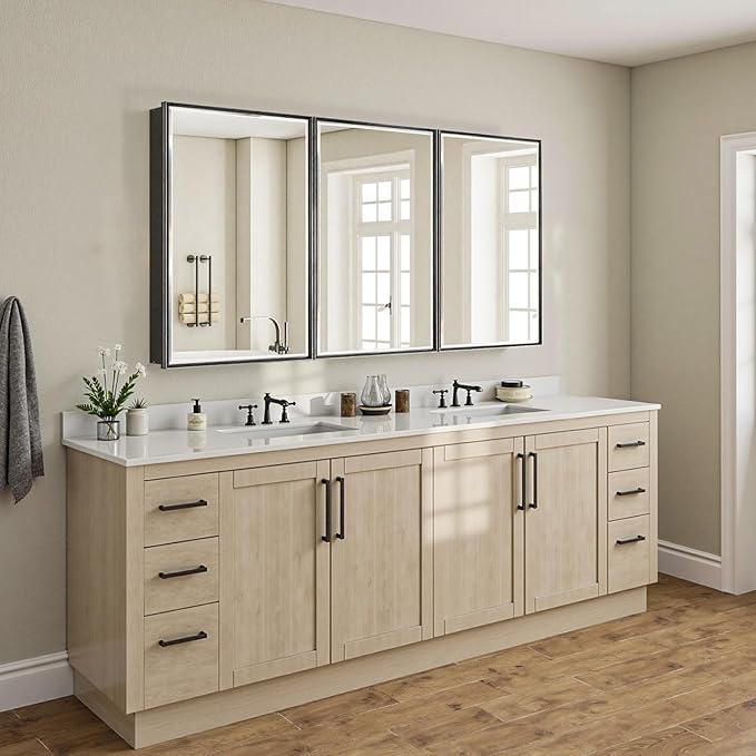 60x30 Inch Black Medicine Cabinet Mirror, Surface or Recessed Large Framed Medicine Cabinet with 3 Beveled Mirror Door & Adjustable Shelves,Shatterproof, Full-Assembled Storage Wall Cabinet