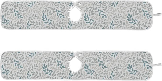 Gray and Blue Leaves Branches Faucet Water Catcher Mat 2 Pack Botanical Herbs Flowers Drying Mat Absorbent Bathroom Faucet Handle Drip Catcher Tray Bar RV Kitchen Sink Splash Guard 30x5 Inches
