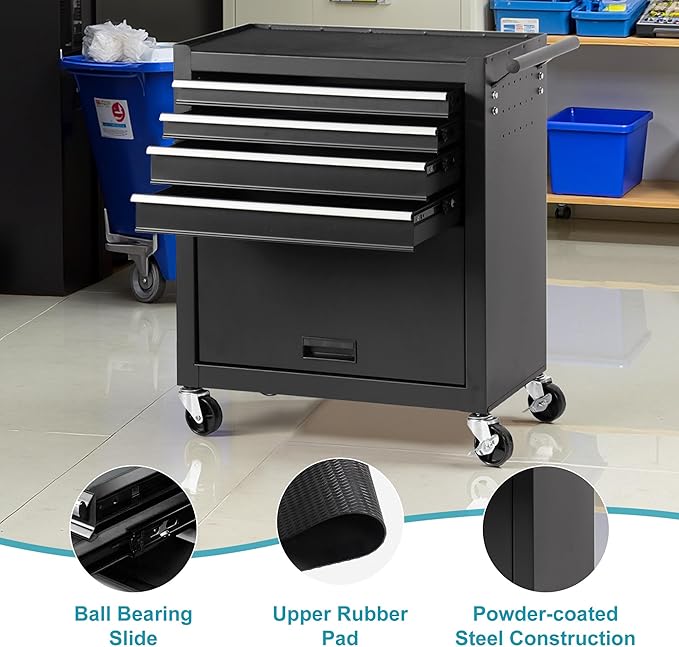 Tool Chest 4 Drawers Garage Storage Cabinet Steel Frame Tool Chest with Wheels, Top Storage Rack, Rubber Mat, Side Handle for Warehouses and Workshop, Black