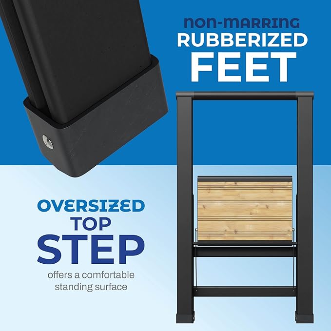 Step Ladder 1 Step Folding, Decorative - Beautiful Bamboo & Black Aluminum, Ultra Slim Profile, Anti Slip Steps, Sturdy-Portable for Home, Office, Kitchen, Photography Use,by SORFEY