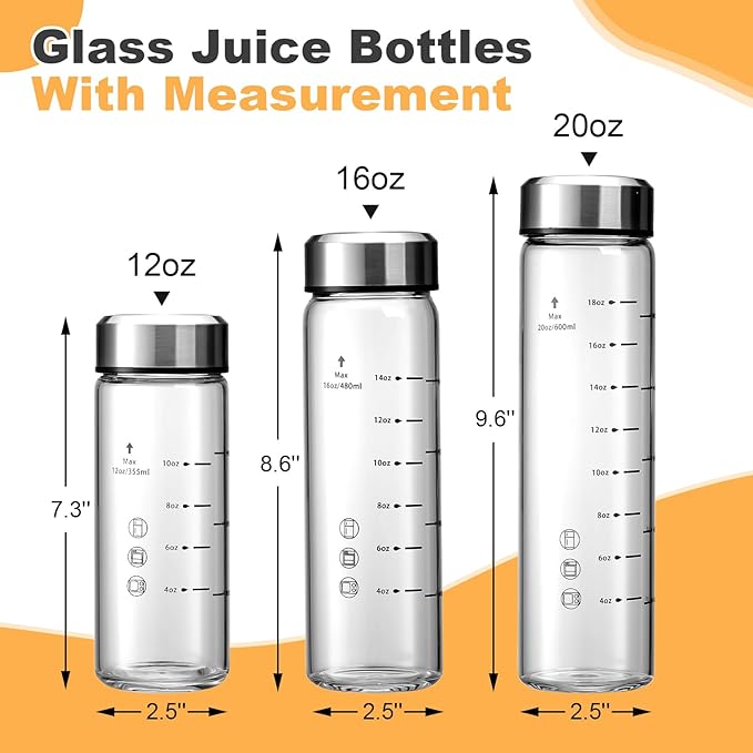 SIEROZUR Juice Bottles - 6 Pack Wide Mouth Glass Bottles with Lids - for Juicing, Smoothies, Infused Water, Beverage Storage - 12oz, BPA Free, Stainless Steel Lids, Leakproof, Reusable, Borosilicate