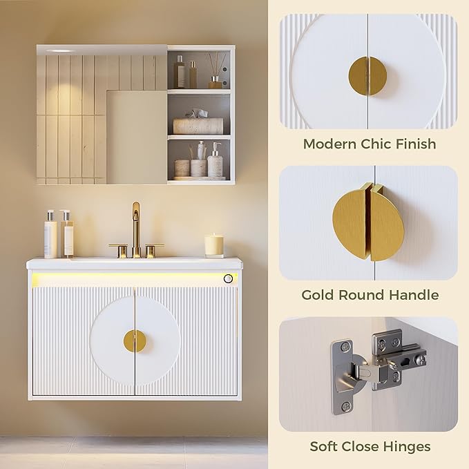 IRONCK Floating Bathroom Vanity with Sink, Mirror Medicine Cabinet, LED Strip Light, 30 Inches Modern Wall Mounted Sink Cabinets & Mirror Cabinets Set with Large Storage Space, White