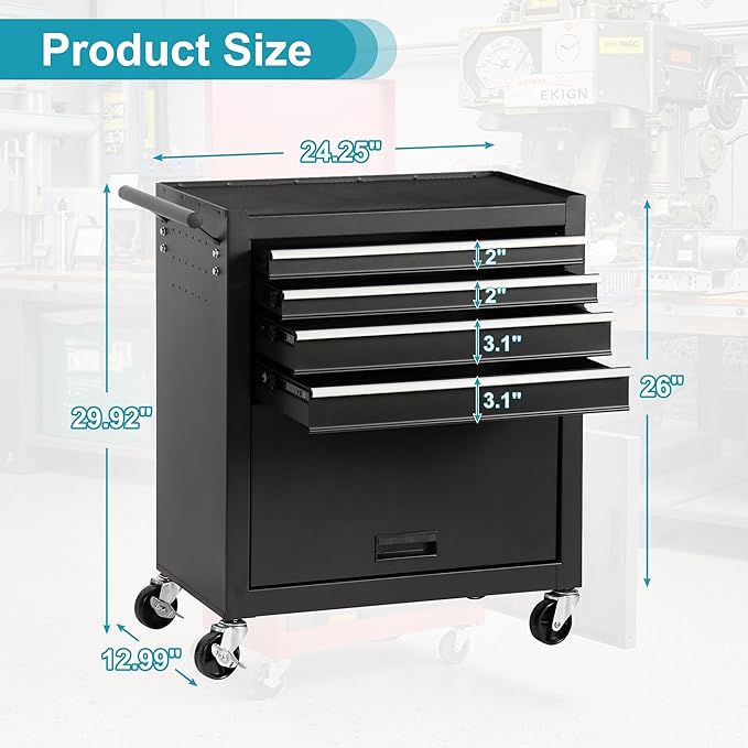 Tool Chest 4 Drawers Garage Storage Cabinet Steel Frame Tool Chest with Wheels, Top Storage Rack, Rubber Mat, Side Handle for Warehouses and Workshop, Black