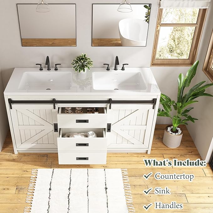 60" Farmhouse Sliding Barn Door Double Vanity with Sink Combo, Freestanding Bathroom Vanity Cabinet with Drawers & Metal Handles, Distressed White