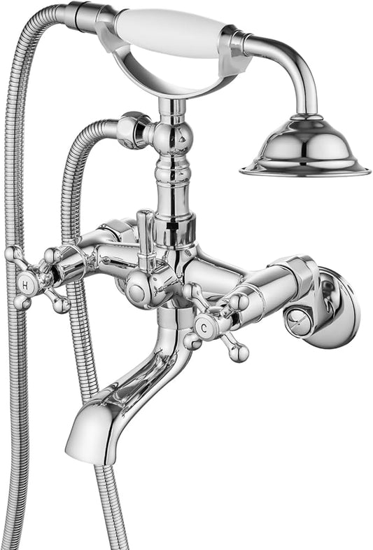 gotonovo Clawfoot Bathtub Faucet Tub Filler with Hand Held Shower Faucet Set Victorian Double Cross Handle 6 Inch Center Adjustable Swing Arms Tub Mount Short Adapter Polished Chrome