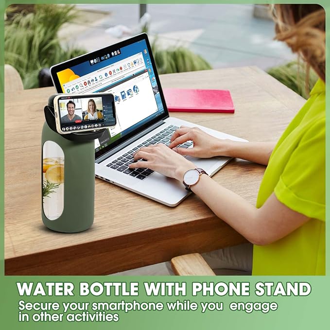 Glass Water Bottles 64 oz - Large Half Gallon Motivational Glass Water Bottle with Time Marker Straw Phone Holder Handle, 64oz Daily Water Intake Jug with Silicone Sleeve for Office Work Gym Olive