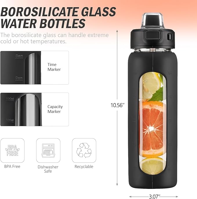 Kodrine Water Bottle With Straw and Carry Handle, Glass Water Bottle 24 oz Leak Proof Locking Lid with Soft Silicone Spout, Small Clear Water Bottle, Travel Sports Water Jug, Time Marker, Black