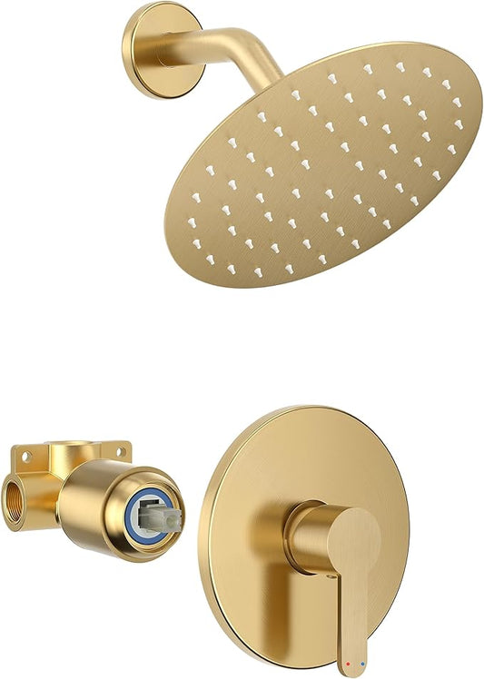Shower Faucet, Gold Shower Faucet Set with 8-Inch Rainfall Showerhead, Single-Handle Shower-Trim Kit Included Valve, Brushed Gold