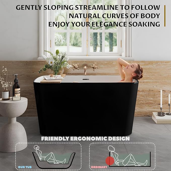 Acrylic Freestanding Bathtub, Soaking Tub with Seat, Toe-Tap Drain, Slotted Overflow, Deep Ergonomic Design, CUPC Certified, Black, 49"