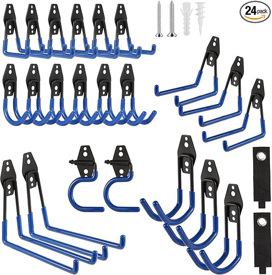Garage Hook Heavy Duty Wall Storage Hangers, 24 Pack Garage Storage Hooks Steel Tool Blue for Ladders, Ropes, Garden Tools