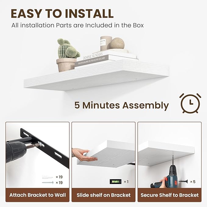 48 Inch Floating Shelves, 11.6 Inch Deep Floating Shelves for Wall, Floating Shelf with Invisible Brackets, Deep Shelves for Bathroom, Bedroom, Living Room, 1 Pack, White