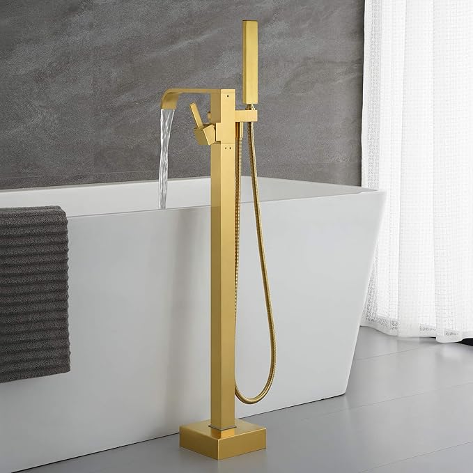 Freestanding Bathtub Faucet Tub Filler Brushed Gold Floor Mount Faucets Brass Single Handle with Hand Shower