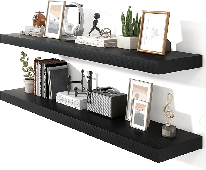 Heimlove 55 Inch Floating Shelves for Wall,10 Deep Large Black Wall Shelf with Heavy Duty Brackets,Mounted Storage & Display Shelves for Bedroom,Living Room,Kitchen,Office,Set of 2