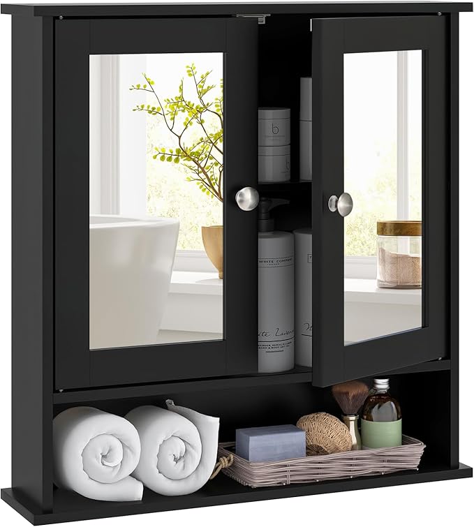 Tangkula Bathroom Medicine Cabinet with Mirror, Wall Mounted Wooden Hanging Organizer with Doors and Shelves, Bathroom Wall Mirror Cabinet (Mirror Doors, Black)