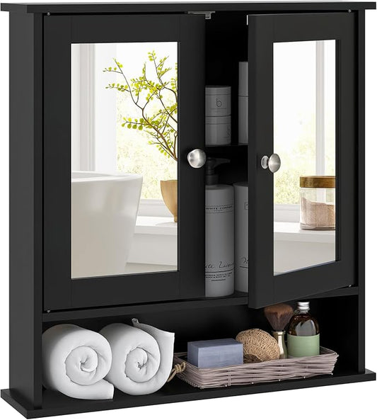 Tangkula Bathroom Medicine Cabinet with Mirror, Wall Mounted Wooden Hanging Organizer with Doors and Shelves, Bathroom Wall Mirror Cabinet (Mirror Doors, Black)