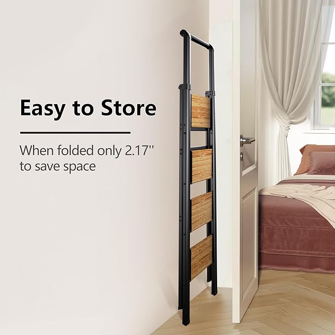 Step Ladder 4 Step Folding Stool with Anti-Slip Widened Sturdy Pedal and Handgrip, Portable Lightweight Aluminum Ladder for Home,Kitchen,300 lbs Capacity-Black+Woodgrain