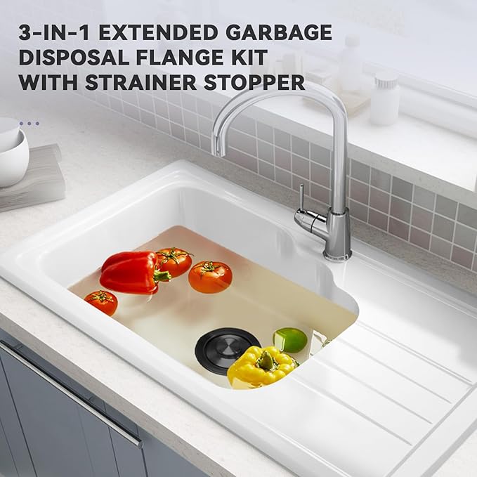 KONE Extended Garbage Disposal Flange with Strainer and Stopper, Deep 304 Stainless Steel Kitchen Sink Flange for 3-1/2 Inch Standard Sink Drain, Convenient for Water Storage and Drainage Black