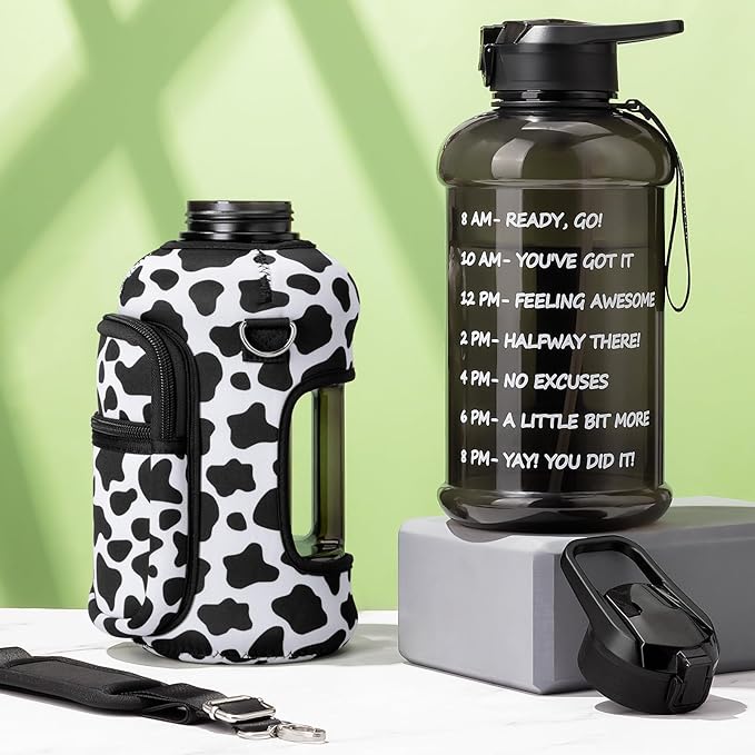 Fimibuke Half Gallon Water Bottle with Sleeve 64 OZ Water Bottle with Handle & Straw Leakproof Motivational Sports Gym Water Bottle with Time Marker BPA Free Water Jug with Reusable Neoprene Holder