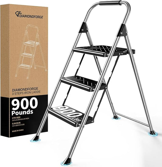 3 Step Ladder, Folding Step Stool with Anti-Slip Wide Pedal, Soft Handle, Anti-Slip Feet, Sturdiest Steel Construction, 900lbs Capacity Steel Ladder for Home and Office, Grey