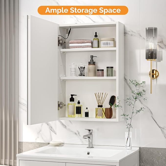 VINGLI 16Inch Medicine Cabinet with Lights, Lighted Medicine Cabinet with Mirror, Led Wall Mirror with Storage for Bathroom,Wall Mounted,3-Color Memory Mode Light，White,5.9" D x 15.75" W x 23.6" H