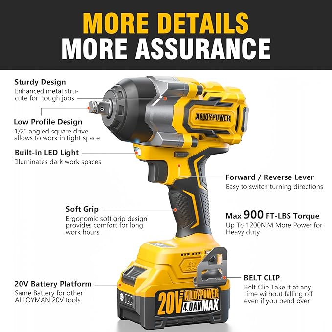 Cordless Impact Wrench, 900Ft-lbs (1200N.m) 1/2" Brushless Impact Gun, 20V High Torque Power Impact Driver, 2x4.0Ah Batteries,Brushless Motor 2400 RPM Variable Speeds for Family Car/Pickup Truck/Mower
