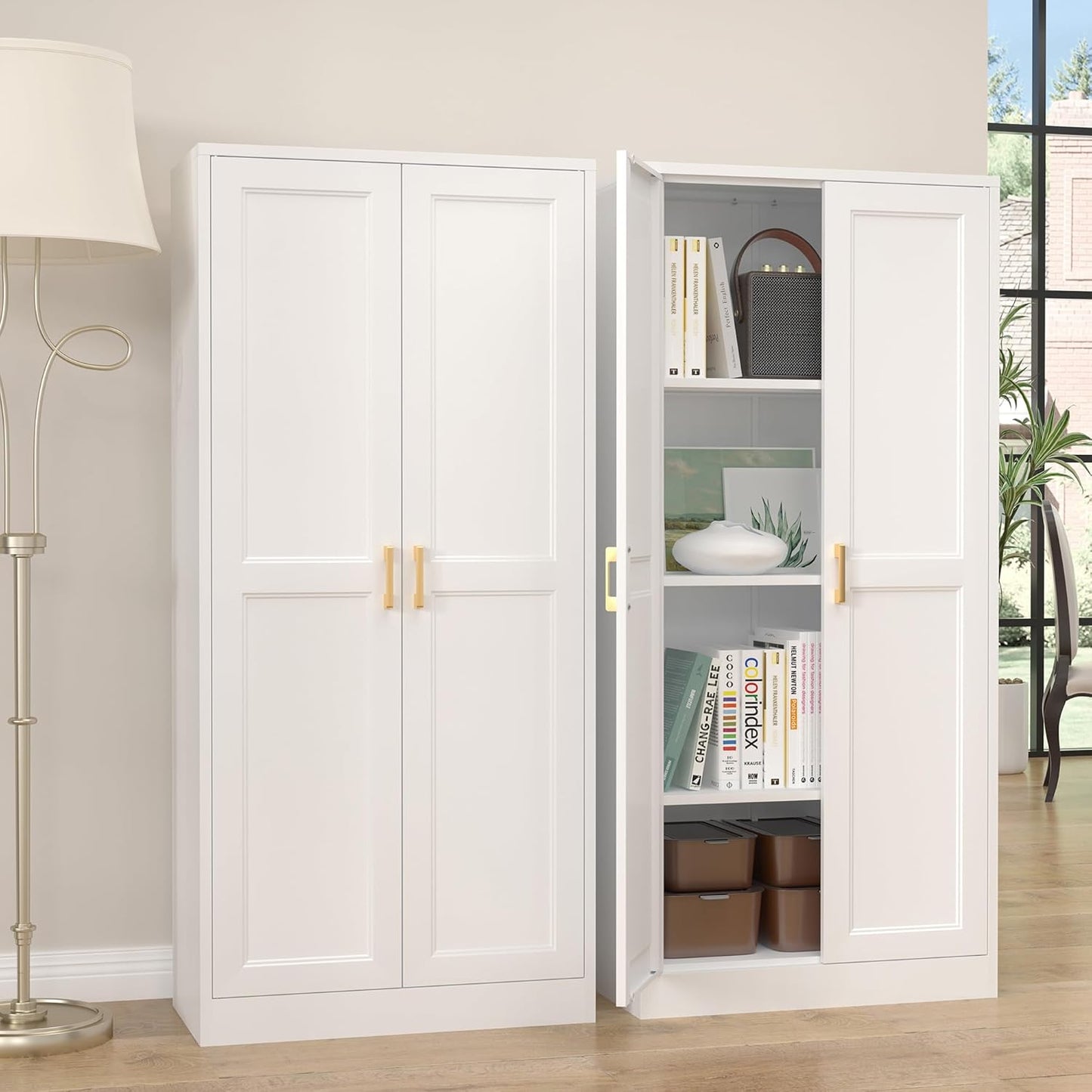 Kitchen Cabinet Storage,60”Metal Pantry Cabinet with Doors and 3 Adjustable Shelves,Food Pantry Cabinets with 2 Gold Handles,White Tall Storage Cabinet for Livingroom,Pantry,Bathroom,Kitchen