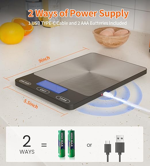 Food Scale -33lb Digital Kitchen Scale for Food Ounces Grams Rechargeable 304 Stainless Steel,Batteries and Type-C Charging | Perfect for Meal Prep, Cooking, and Baking, Black, Larger Size