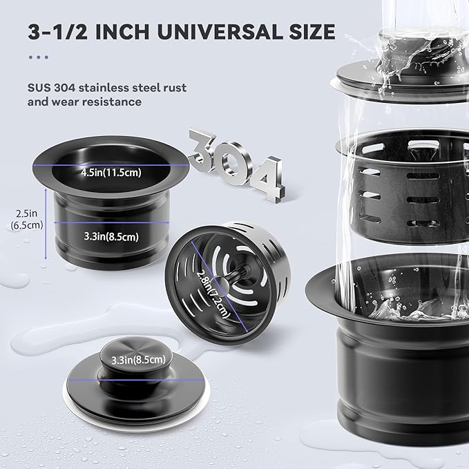 KONE Extended Garbage Disposal Flange with Strainer and Stopper, Deep 304 Stainless Steel Kitchen Sink Flange for 3-1/2 Inch Standard Sink Drain, Convenient for Water Storage and Drainage Black
