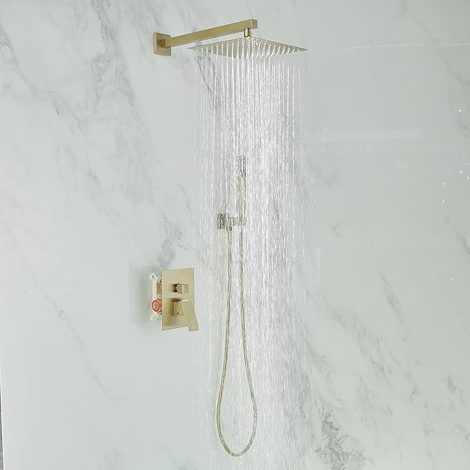 BWE Brushed Gold Shower Faucets Sets 10 Inch Square Bathroom Luxury Rain Shower Head with Handheld Spray Wall Mounted Shower System Rough-in Valve and Trim Included