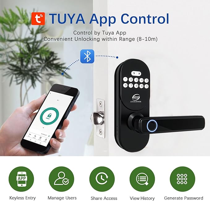 Smart Door Lock with Fingerprint and Keypad, Keyless Entry Deadbolt with Handle, APP Control and Auto Lock for Front Door, Easy Install for Home and Office, IP65 Weatherproof