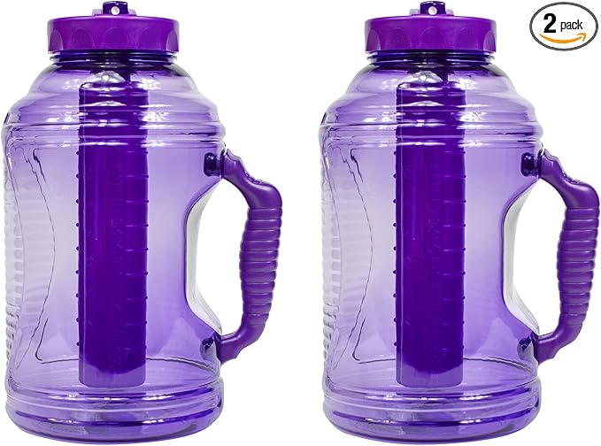 COOL GEAR 2-Pack 80 oz Big Freeze Sports Water Bottle with Freezer Stick and Handle | Hydrating Colored Water Bottle - Purple