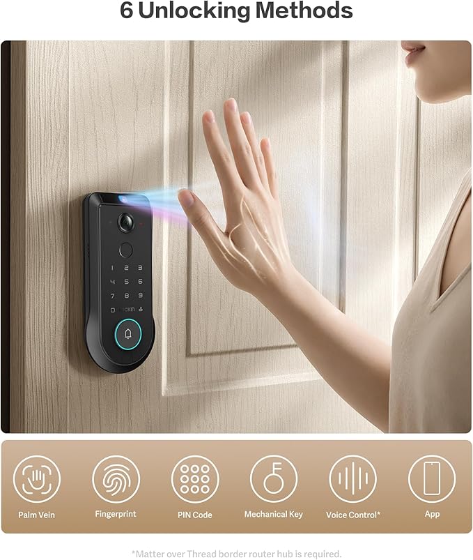 Lockin Veno Pro Palm Vein Video Smart Lock with 2K 180° Camera, Fingerprint Recognition, AI Motion Detection, IP65 Weatherproof, Remote App Control, 32GB Built-in Storage, No Monthly Fee
