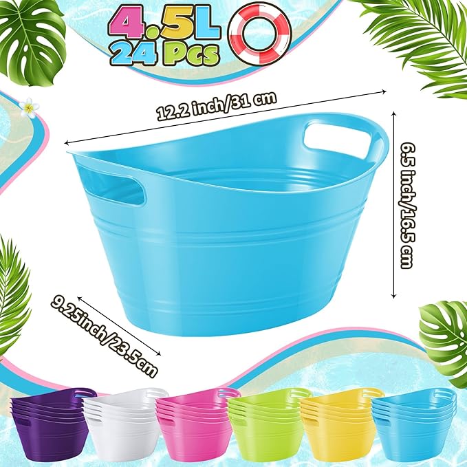 Norme 24 Pcs Oval Storage Tub with Handles, 4.5L Plastic Ice Bucket Wine Beer Champagne Bottle Drink Cooler Tub for Parties Beverage, Storage Basket (Multicolor)