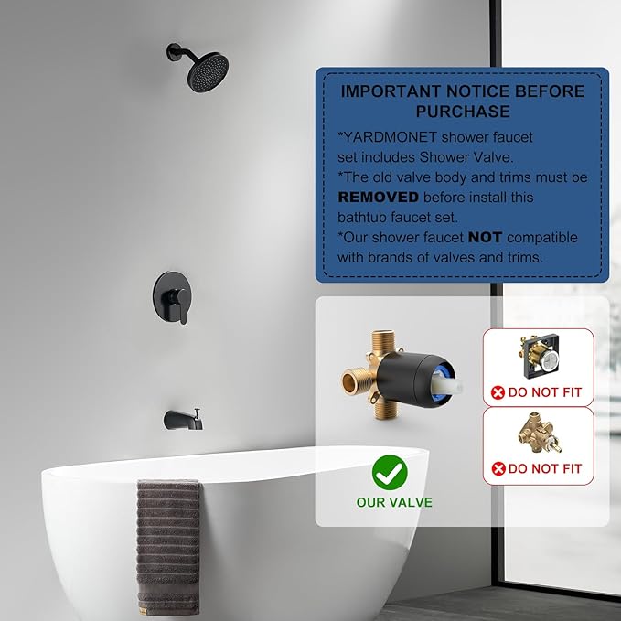 Tohlar Black Shower Faucet Set with Valve, 6-Inch Rain Shower Head and Faucet Combo, Single Handle Tub and Shower Trim Kit with Tub Spout, Matte Black