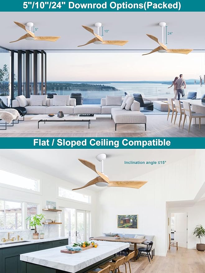 Sofucor 52" Ceiling Fan no Light, Outdoor Ceiling Fan Without Light Wood Ceiling Fan with Remote Control, 3 Blade Ceiling Fan with Quiet Energy Saving Motor, 6 Speeds, Burlyood